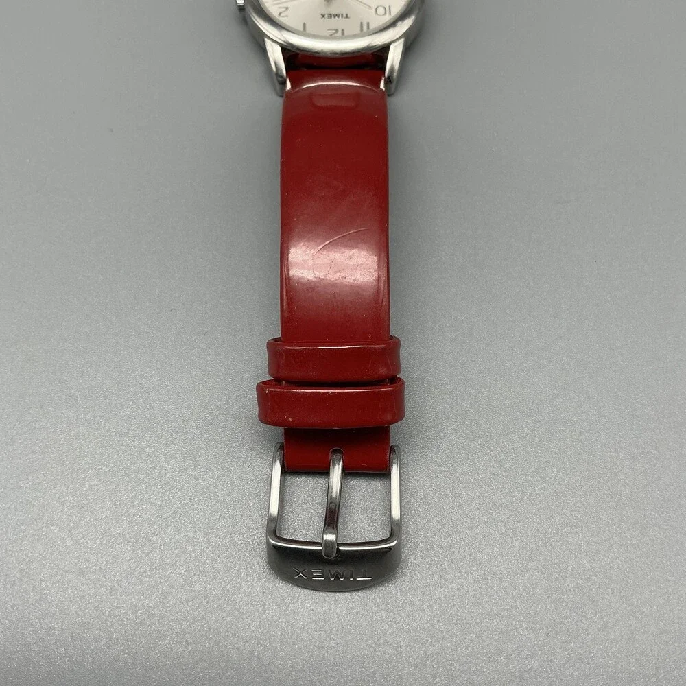 Timex Easy Reader Womens Watch 31mm Silver Tone Red Leather Band New Battery